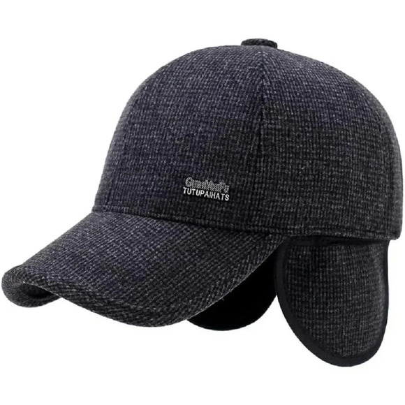 Men's Winter Warm Wool Tweed  Peaked Baseball Cap Hat Fold Earmuffs Warmer - Picture 6 of 7